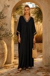 Kadın siyah viskon yarasa kol oversize V yaka işlemeli kaftan elbise ALA099 ( STD - 36-46 )