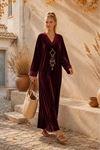 Kadın V yaka nakış detaylı oversize otantik kadife elbise ALA101 ( STD - 36-46 )