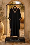 Kadın siyah viskon yarasa kol oversize V yaka işlemeli kaftan elbise ALA099 ( STD - 36-46 )