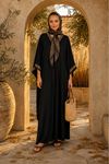 Kadın siyah viskon yarasa kol oversize V yaka işlemeli kaftan elbise ALA099 ( STD - 36-46 )