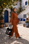 Kadın fırfır detaylı kuşaklı tunik bol paça pantolon ikili tesettür takım TG021