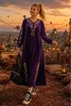 Kadın nakış detaylı kadife uzun kaftan elbise ALA111 ( STD-36-46 )