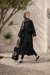 Kadın siyah file detaylı cepli uzun kimono ceket ALA115 ( STD-36-46 )