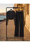 Kadın büzgü detaylı crop bluz bol paça pantolon ikili takım CLT022