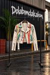 Kadın bej grafiti desenli crop deri ceket DKELV01