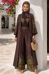Kadın kahverengi desenli büstiyer kimono pantolon üçlü premium takım DKMN01