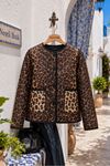 Kadın leopar desen cepli kapitone ceket DKHF036