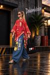 Kadın kırmızı etnik desenli oversize bluz DKHF045