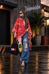 Kadın kırmızı etnik desenli oversize bluz DKHF045