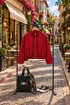Kadın kırmızı dik yaka ekose desen oversize bomber ceket DKHF042
