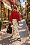 Kadın kırmızı dik yaka ekose desen oversize bomber ceket DKHF042