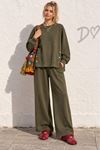 Kadın haki yanları düğme detaylı oversize sweatshirt geniş paça pantolon ikili takım TG032