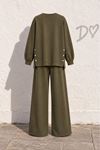 Kadın haki yanları düğme detaylı oversize sweatshirt geniş paça pantolon ikili takım TG032