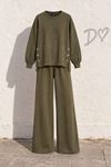 Kadın haki yanları düğme detaylı oversize sweatshirt geniş paça pantolon ikili takım TG032