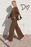 Kadın kahbverengi yanları düğme detaylı oversize sweatshirt geniş paça pantolon ikili takım TG032