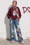 Kadın Bordo Ayıcık Baskılı Bisiklet Yaka Oversize Sweatshirt DKHF038