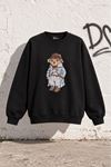 Kadın Siyah Ayıcık Baskılı Bisiklet Yaka Oversize Sweatshirt DKHF038