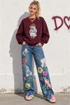 Kadın Bordo Ayıcık Baskılı Bisiklet Yaka Oversize Sweatshirt DKHF038