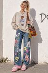 Kadın Bej Ayıcık Baskılı Bisiklet Yaka Oversize Sweatshirt DKHF038