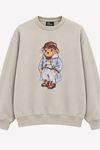 Kadın Bej Ayıcık Baskılı Bisiklet Yaka Oversize Sweatshirt DKHF038