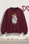 Kadın Bordo Ayıcık Baskılı Bisiklet Yaka Oversize Sweatshirt DKHF038