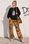 Kadın Siyah Ayıcık Baskılı Bisiklet Yaka Oversize Sweatshirt DKHF038