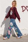 Kadın Bordo Ayıcık Baskılı Bisiklet Yaka Oversize Sweatshirt DKHF038