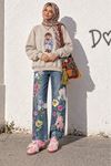 Kadın Bej Ayıcık Baskılı Bisiklet Yaka Oversize Sweatshirt DKHF038