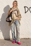 Kadın bej etnik desenli oversize bluz DKHF045