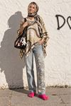 Kadın bej etnik desenli oversize bluz DKHF045