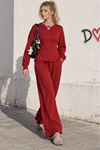 Kadın kırmızı bel bağlama detaylı uzun kol ikili takım DKMRS018