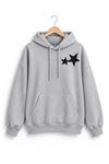 Kadın gri yıldız baskılı kapüşonlu oversize sweatshirt CLT030