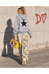 Kadın gri yıldız baskılı kapüşonlu oversize sweatshirt CLT030