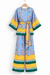 Kadın Desenli Kuşaklı Kimono Geniş Paça Pantolon İkili Takım DKHF053