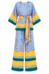 Kadın Desenli Kuşaklı Kimono Geniş Paça Pantolon İkili Takım DKHF053