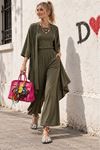 Kadın haki hırkalı crop bluz bol paça pantolon üçlü takım FRW005