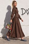Kadın Kahverengi Gömlek Yaka Önü Düğmeli Bel Oturtmalı Balon Kollu Uzun Elbise DKHF052