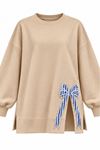 Kadın bej oversize fiyonk detaylı sweat tunik TG013