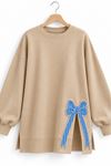 Kadın bej oversize fiyonk detaylı sweat tunik TG013