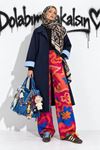 Kadın lacivert oversize çift renkli astarlı tam boy düğmeli trençkot DKHF063
