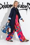Kadın lacivert oversize çift renkli astarlı tam boy düğmeli trençkot DKHF063