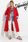 Kadın oversize çift renkli astarlı tam boy düğmeli trençkot DKHF063