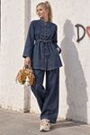 Kadın Lacivert Tesettür Kuşaklı Düğme Detaylı Denim Tunik Pantolon Takım TG039