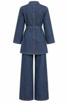 Kadın Lacivert Tesettür Kuşaklı Düğme Detaylı Denim Tunik Pantolon Takım TG039