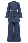 Kadın Lacivert Tesettür Kuşaklı Düğme Detaylı Denim Tunik Pantolon Takım TG039