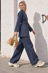 Kadın Lacivert Tesettür Kuşaklı Düğme Detaylı Denim Tunik Pantolon Takım TG039