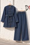 Kadın Lacivert Tesettür Kuşaklı Düğme Detaylı Denim Tunik Pantolon Takım TG039