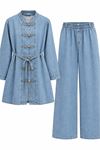 Kadın Mavi Tesettür Kuşaklı Düğme Detaylı Denim Tunik Pantolon Takım TG039