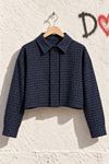 Kadın Mavi Ekose Desenli Fermuarlı Bomber Crop Ceket EFL038