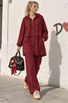 Kadın Bordo Kapüşonlu Fermuarlı Zincir Detaylı Tunik Pantolon İkili Takım TG042